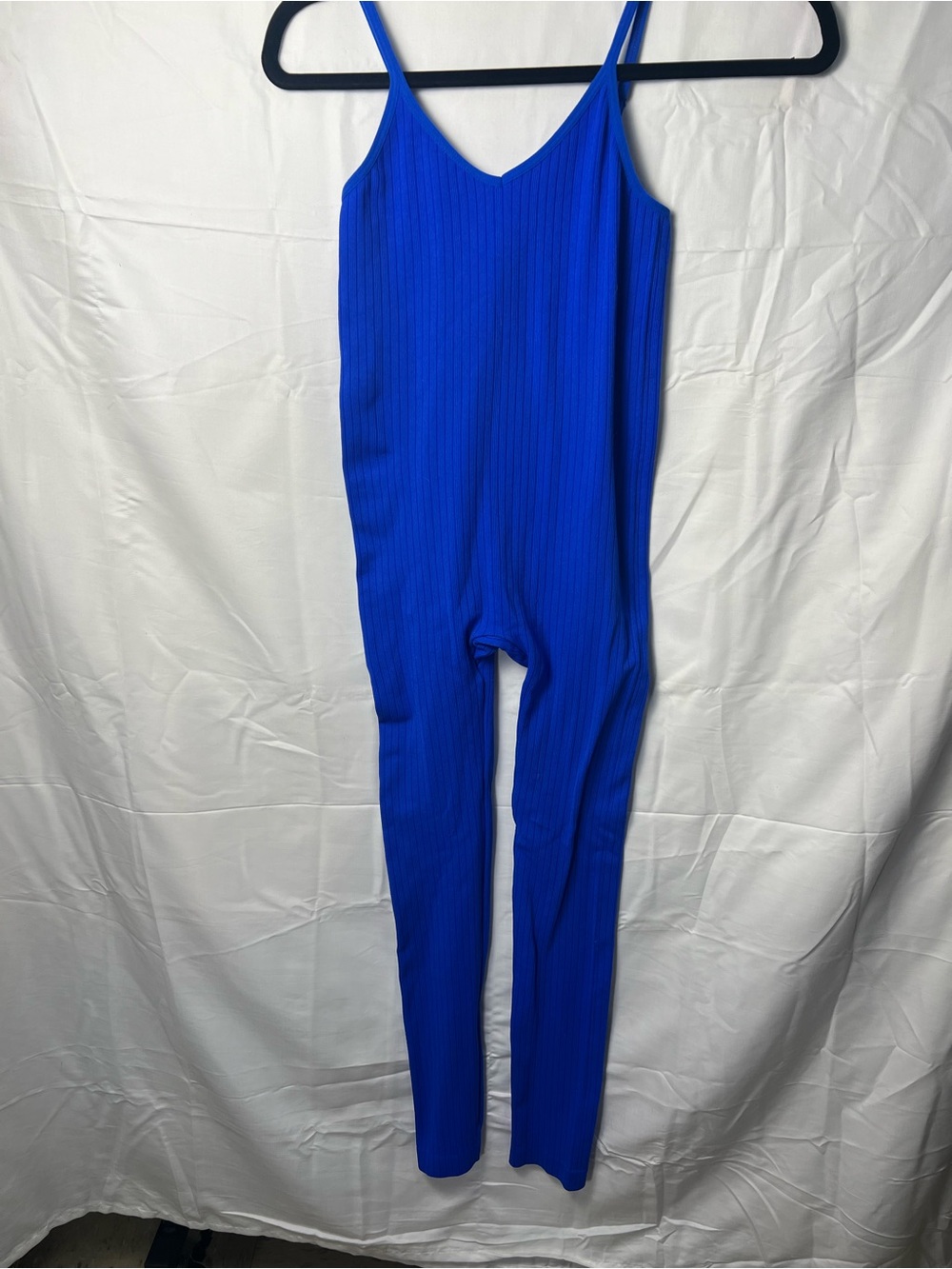 Vivid Cobalt Ribbed V-Neck Spaghetti-Strap Jumpsuit